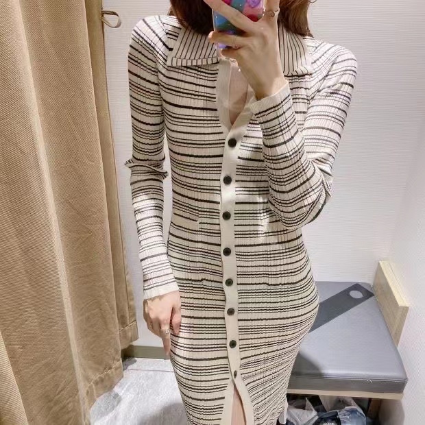 Đầm maxi Dệt Kim Tay Dài Hoạ Tiết Kẻ Sọc Phong Cách vintage Mới