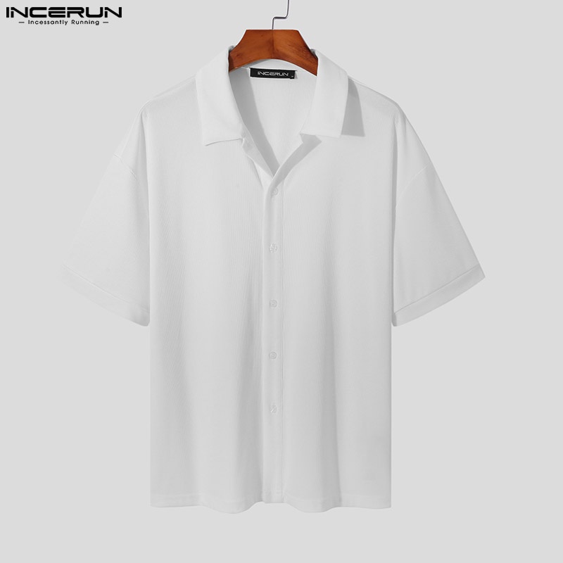 Áo thun INCERUN vải dệt kim ngắn tay màu trơn cài nút thời trang mùa hè cho nam size S-5XL