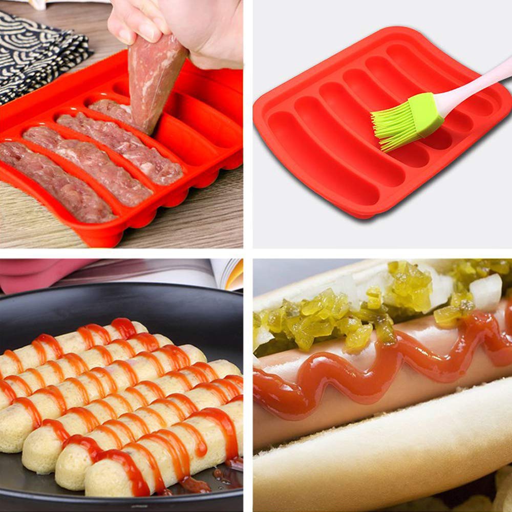 Lạp xưởng.xúc xích giăm bông .Sausage.hot dog. Khuôn silicon 6 ngăn làm món xúc xích tiện dụng【Bàn chải và túi miễn phí】