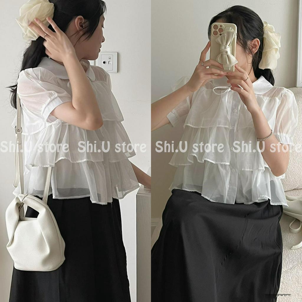 Áo sơ mi babydoll bèo tầng dáng ngắn croptop nơ cổ chất voan óng siêu xinh