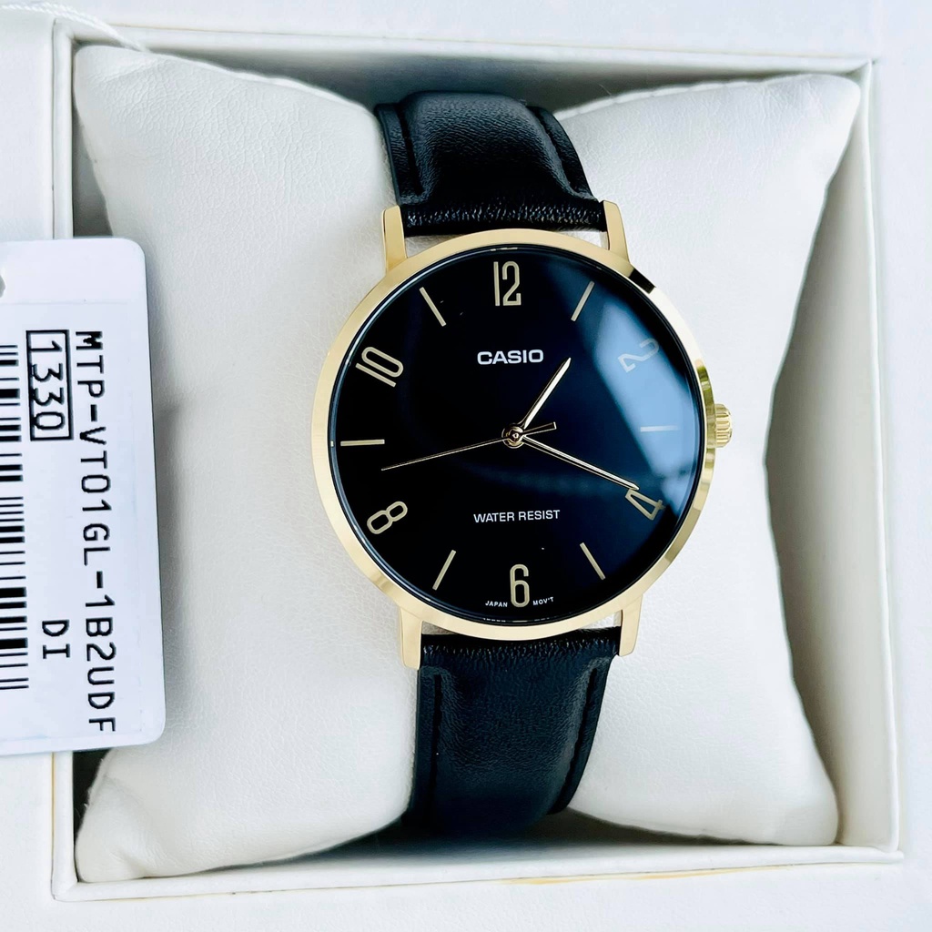 Đồng hồ nam dây da viềng vàng - Mặt đen Casio MTP VT01GL-1B2VDF Bảo hành 1 năm Hyma watch