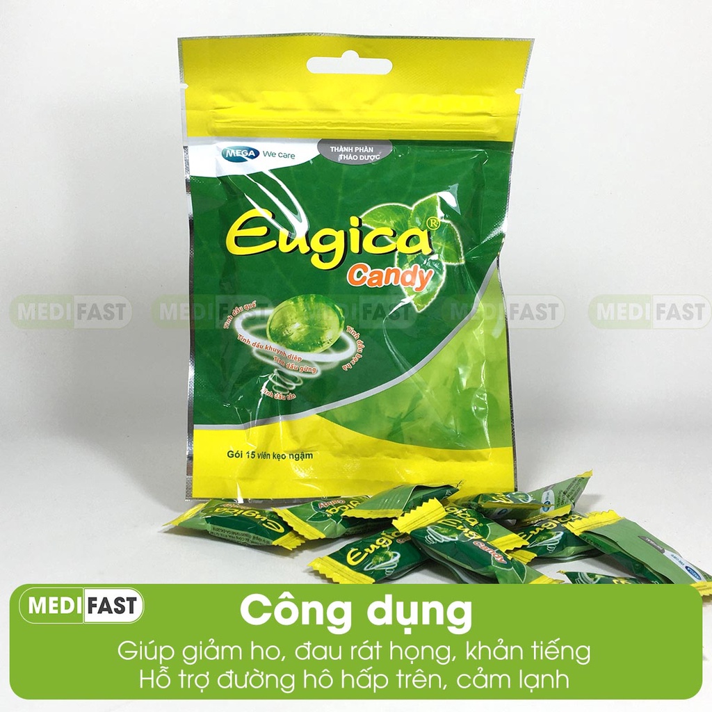 Eugica kẹo ngậm ho giảm đau họng từ thảo mộc tinh dầu gừng, bạc hà, khuynh diệp Gói 15 viên