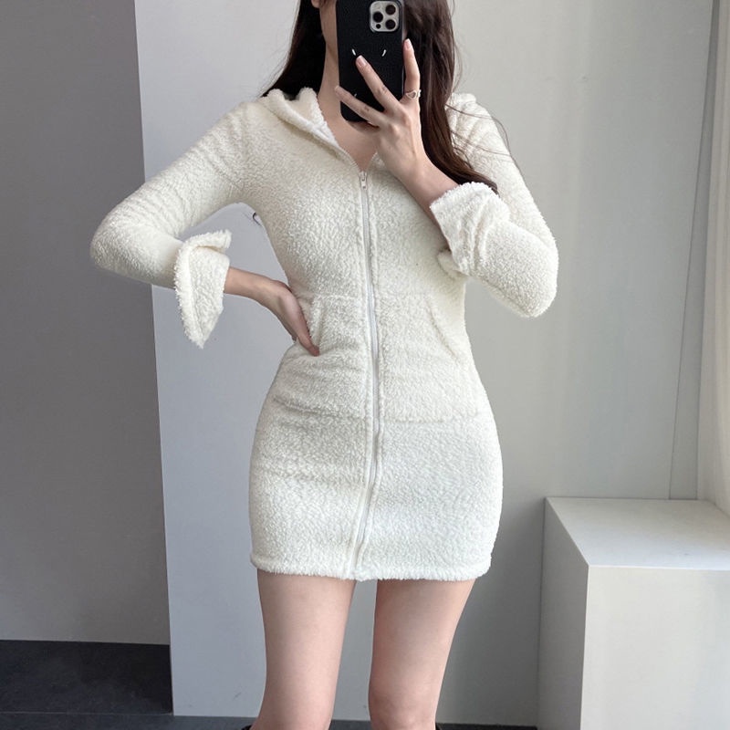 Rapcopter European and American lamb plush hat dress female zipper pocket slim look thin spicy girl hip skirt