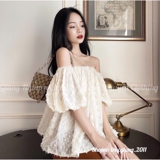 Áo trễ vai tay phồng voan hoa nổi (2 lớp)