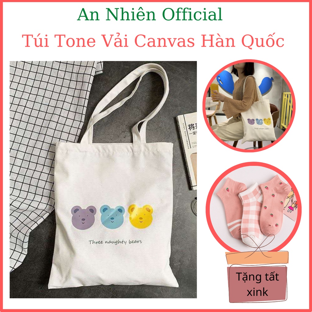 Túi Tote Vải Canvas Mềm Đẹp Đi Học Đi Chơi Cực Hot Hoạ Tiết Cún Con, Thời Trang Hàn Quốc
