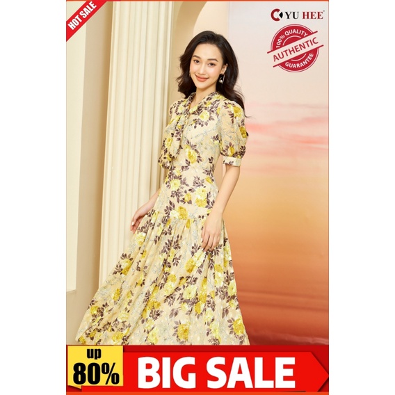 Đầm thiết kế voan cột nơ cổ tay lỡ dáng macxi dài qua gối;cao cấp 2 lớp YuHee