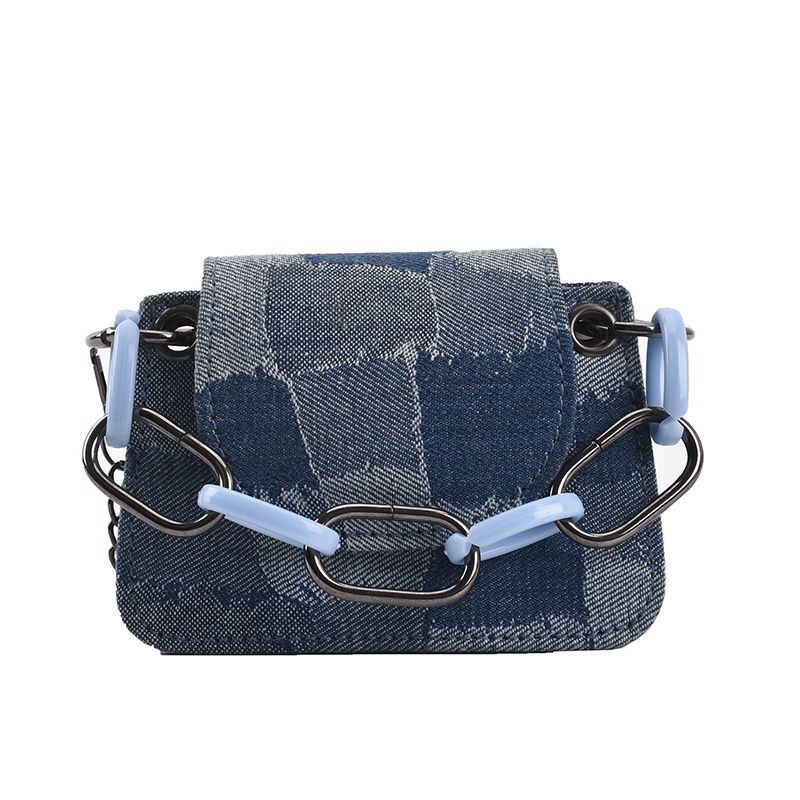 Túi Đeo Chéo Denim Dáng Vuông Nhỏ Phối Dây Xích Thời Trang Mùa Hè Hàn Quốc 2021