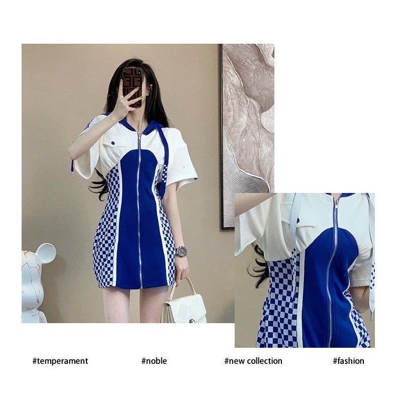 Casual fashion dress 2022 new women's summer casual fashion blue checkerboard dress