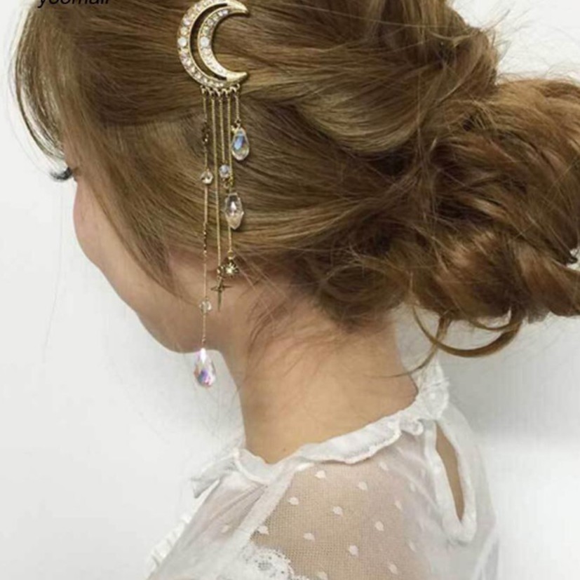 Kẹp tóc mặt trăng moon tua rua đính đá phong cách cổ điển cổ trang xinh xắn dễ thương