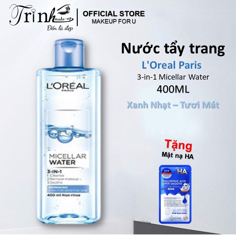 Nước Tẩy Trang Loreal Paris 3 in 1 Micellar Water Refreshing 400ml Màu Xanh Nhạt Tươi Mát  400ml  Xuất Xứ Pháp