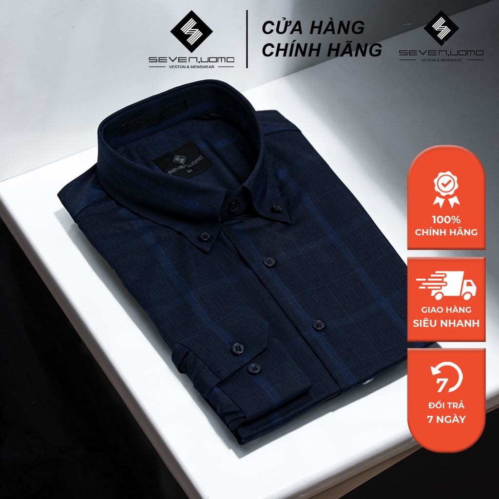 Áo Sơ Mi Nam Dài Tay SEVENUOMO Form Dáng Hàn Quốc, Không Nhăn, Vải Mịn Mát Form Vừa Xanh Đậm Kẻ Caro K42