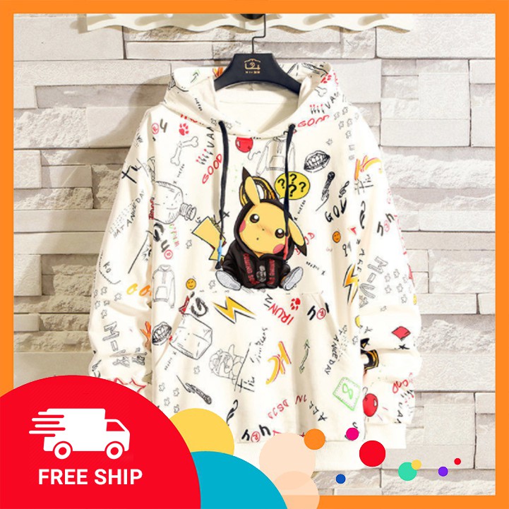 Áo Hoodie Nam Dài Tay ⚡ FREESHIP ⚡  Áo khoác hoodie nam Có Mũ Trùm Túi Bụng Họa Tiết Pikachu