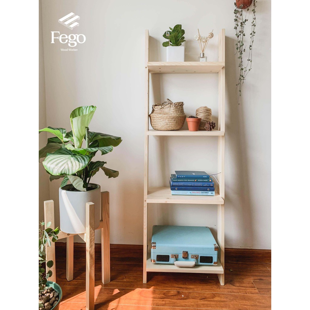 Kệ thang gỗ trang trí 4 tầng FEGO để sách decor nhà cửa