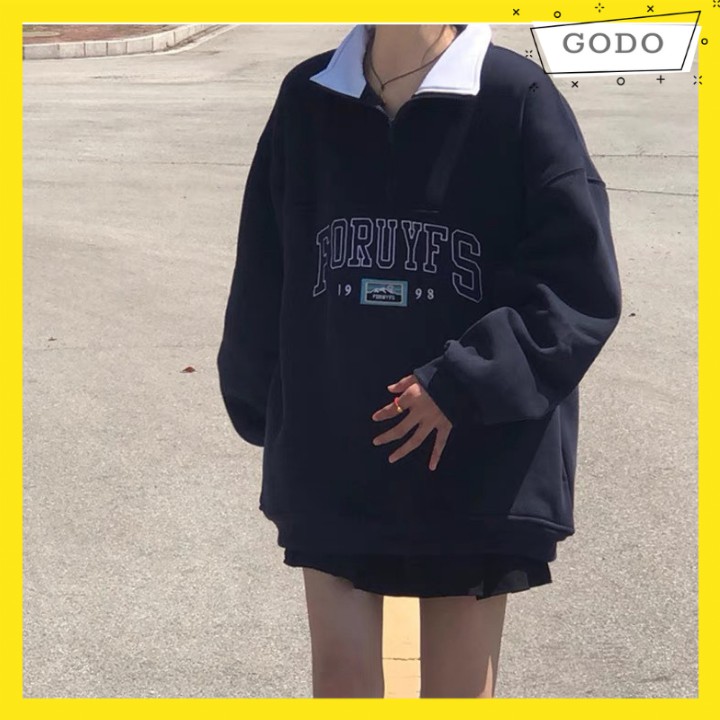 Áo Sweater Nữ Cổ Cao Kéo Khóa ULzzang Hàn Quốc, Áo Polo Form Rộng Tay Bồng Chất Nỉ Ngoại In Chữ FORUYF Godoclothing SW13