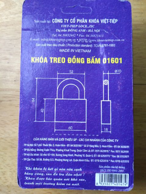 Khoá Việt Tiệp treo đồng bấm 01601