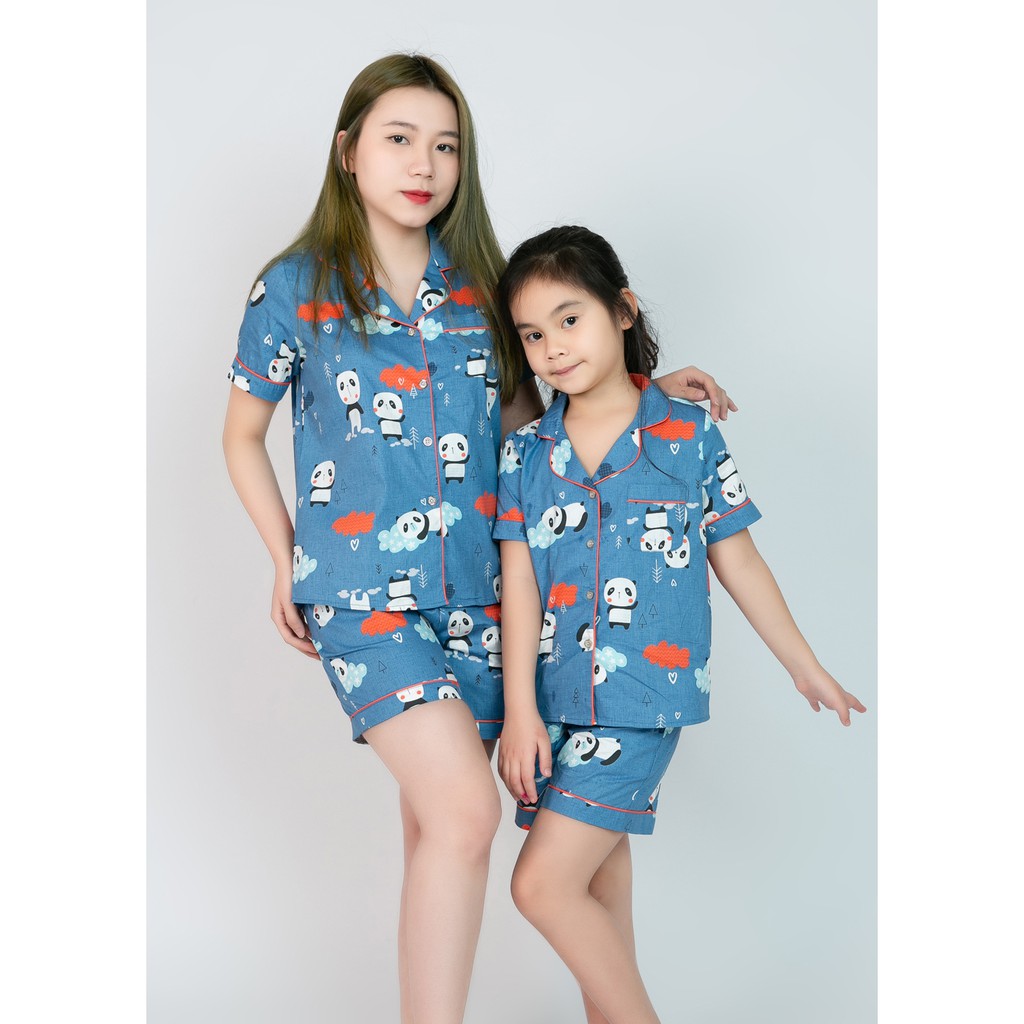 Pijama mẹ và bé màu xanh hình gấu trúc