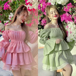 Set xốp áo tay loe hở/bẹt/trễ vai kèm chân váy ngắn xoè hồng/xanh lá, bộ đầm thời trang hot girlđi chơi dạo phố dự tiệc