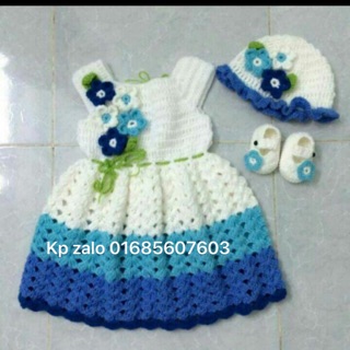 Set váy mũ giày len trắng xanh