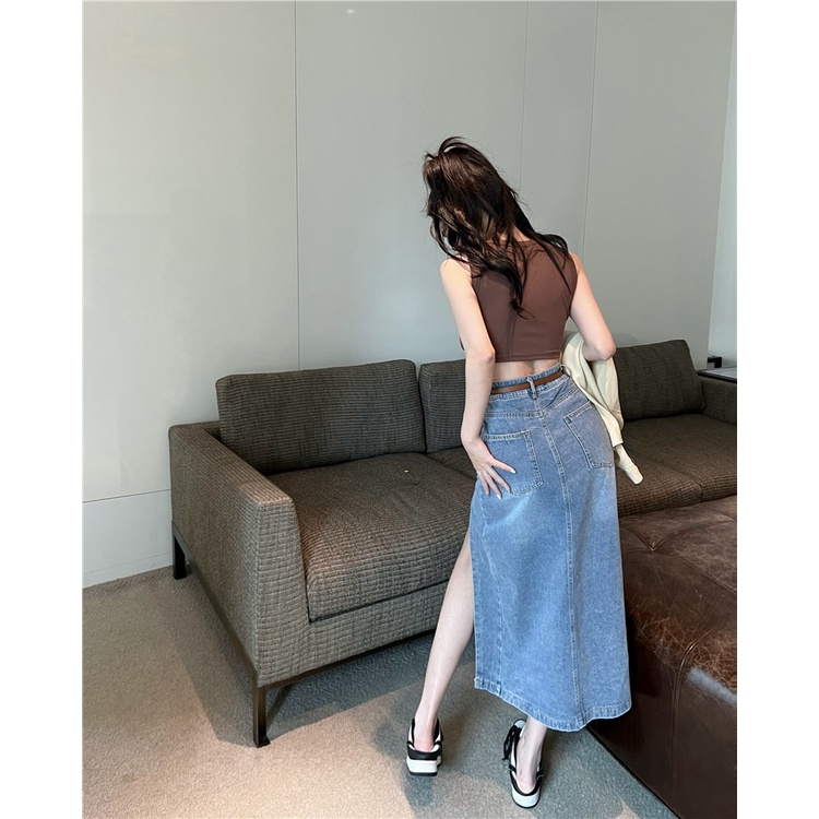 Bộ Áo Hai Dây + Áo Sơ Mi Tay Dài Chống Nắng + Chân Váy Denim Xẻ Tà Lưng Cao Thời Trang Quyến Rũ Cho Nữ