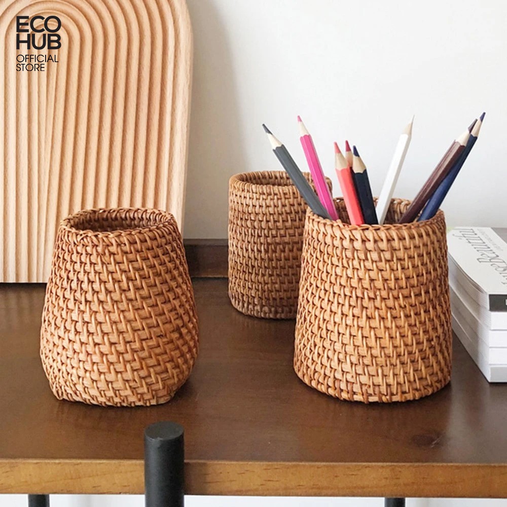 Cốc Mây Guột cắm Hoa khô / Văn phòng phẩm / Decor. 10x9cm (Rattan Utensil Holder) | EH027