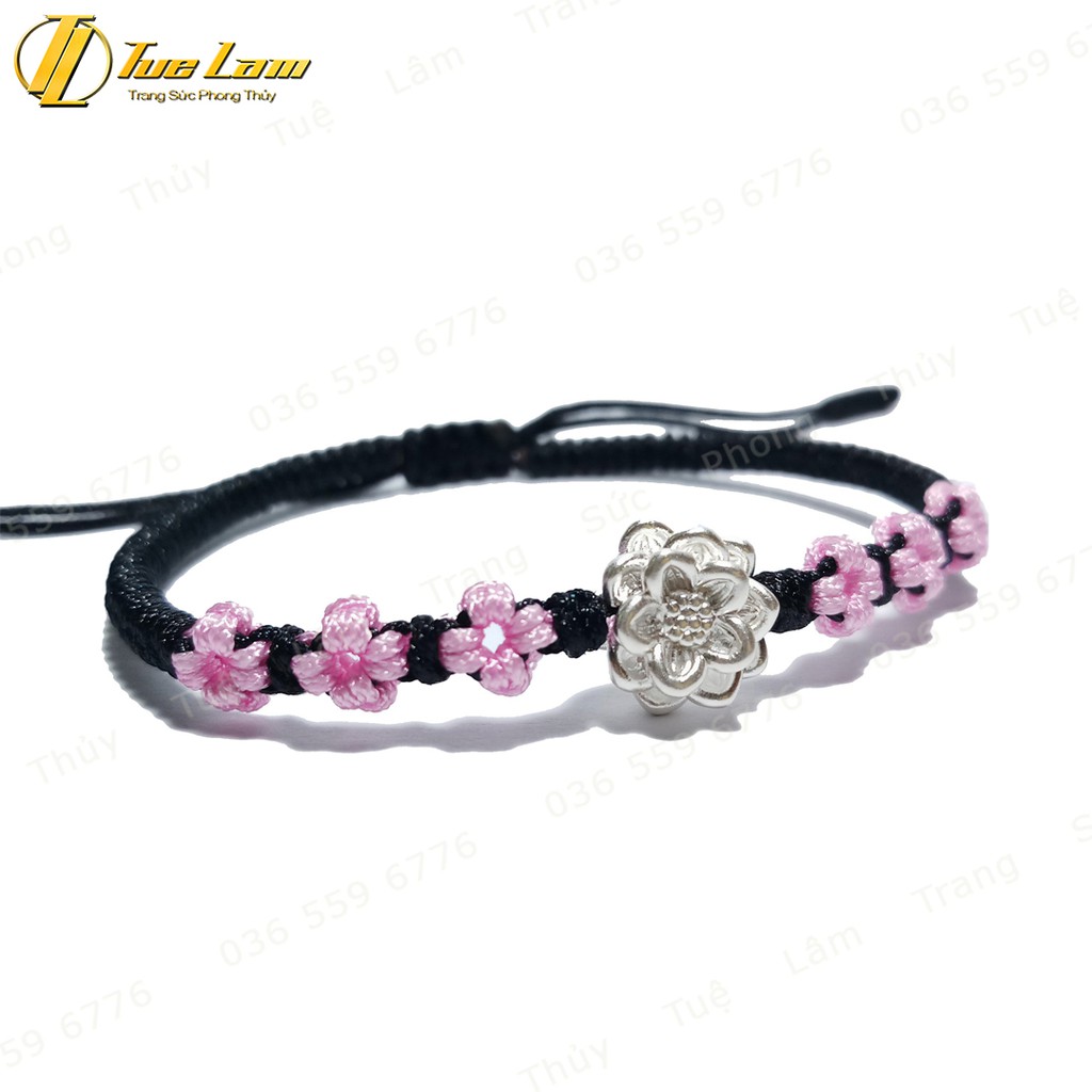 Vòng chỉ may mắn bện hoa nhí tím mix charm hoa sen bạc bình an - Tuệ Lâm