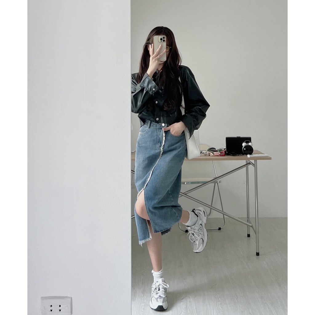 K681 Áo jacket da AUDREY dài tay dáng croptop