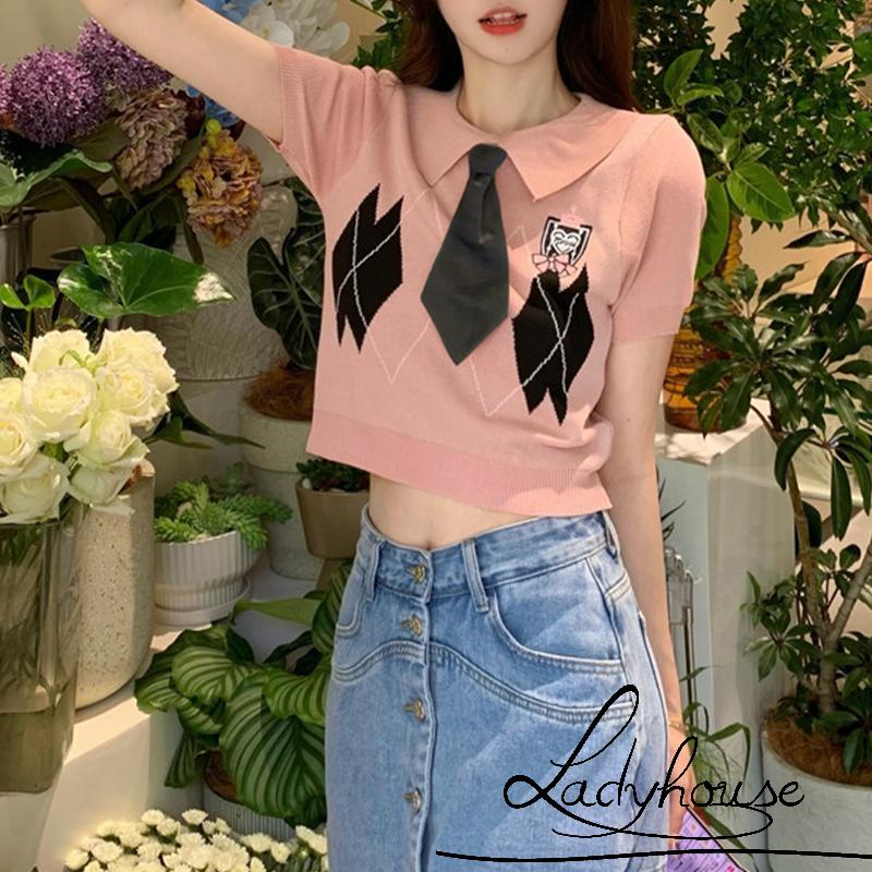 Áo Croptop Dệt Kim Tay Ngắn Cổ Bẻ Thêu Họa Tiết Hình Thoi Có Cà Vạt Cho Nữ