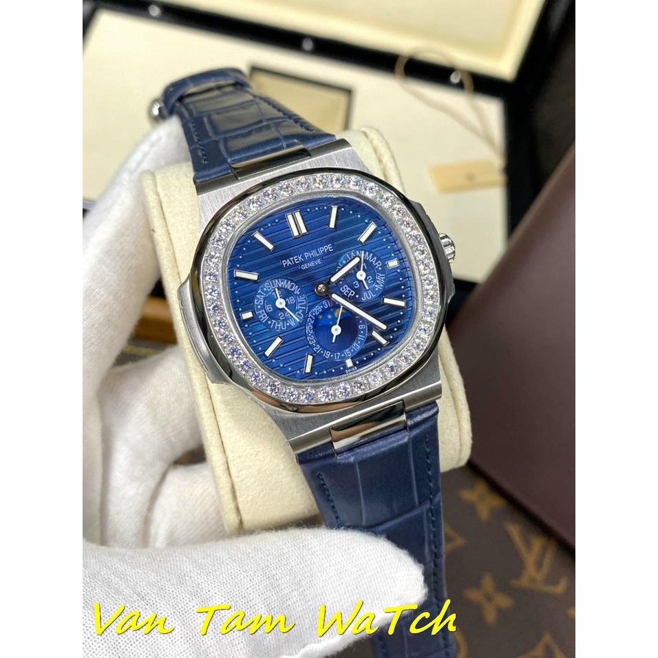 Đồng hồ nam Patek Phillipe Nautinus 40mm máy Thuỵ Sĩ cao cấp, mặt vuông 3 kim chronograph, viền đá cao cấp