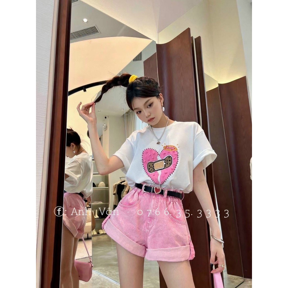 Đồ bộ nữ có áo thun thêu tim hồng vải kèm quần đùi 2 túi kéo dây cực đẹp cho cô nàng năng động ph
