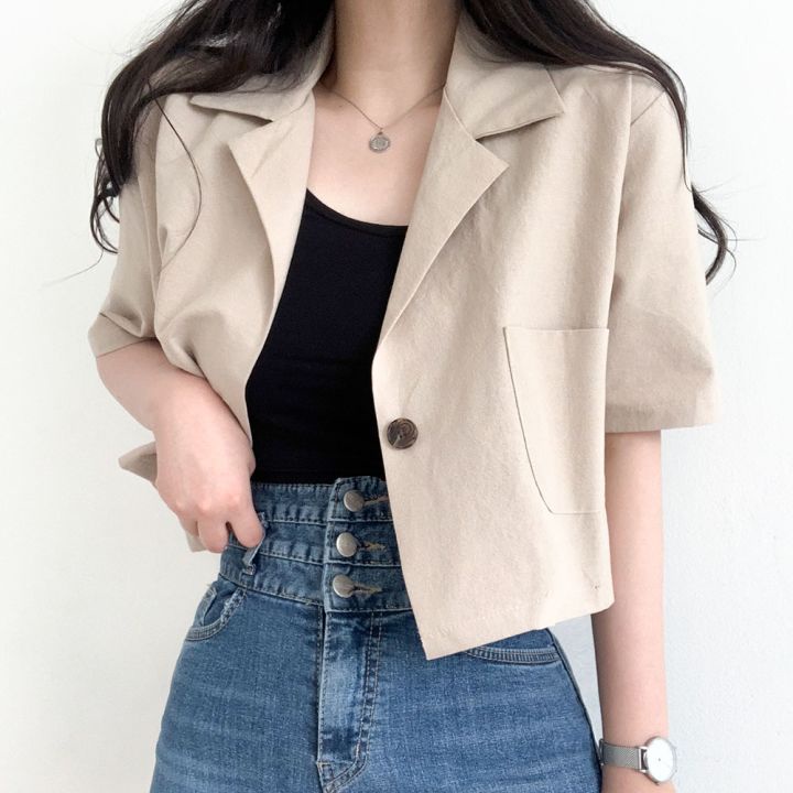 Áo khoác Blazer nữ 1 cúc Tay ngắn Thiết kế Hàn Quốc Blazer khoác lửng nữ Dáng ngắn Phong cách Retro Vintage Thời trang | BigBuy360 - bigbuy360.vn