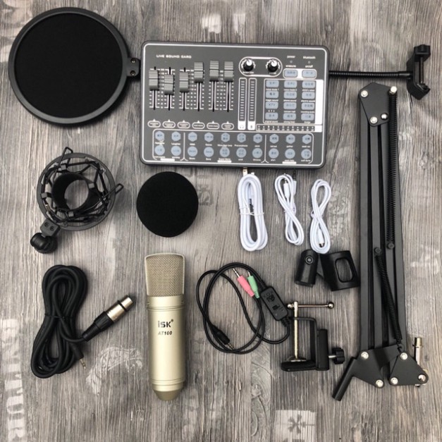 Mic isk AT100 va sound card h9 có bluetooth autu-tone kèm chân màng dây livestream MA2- bộ mic thu âm và karaoke ♥️♥️