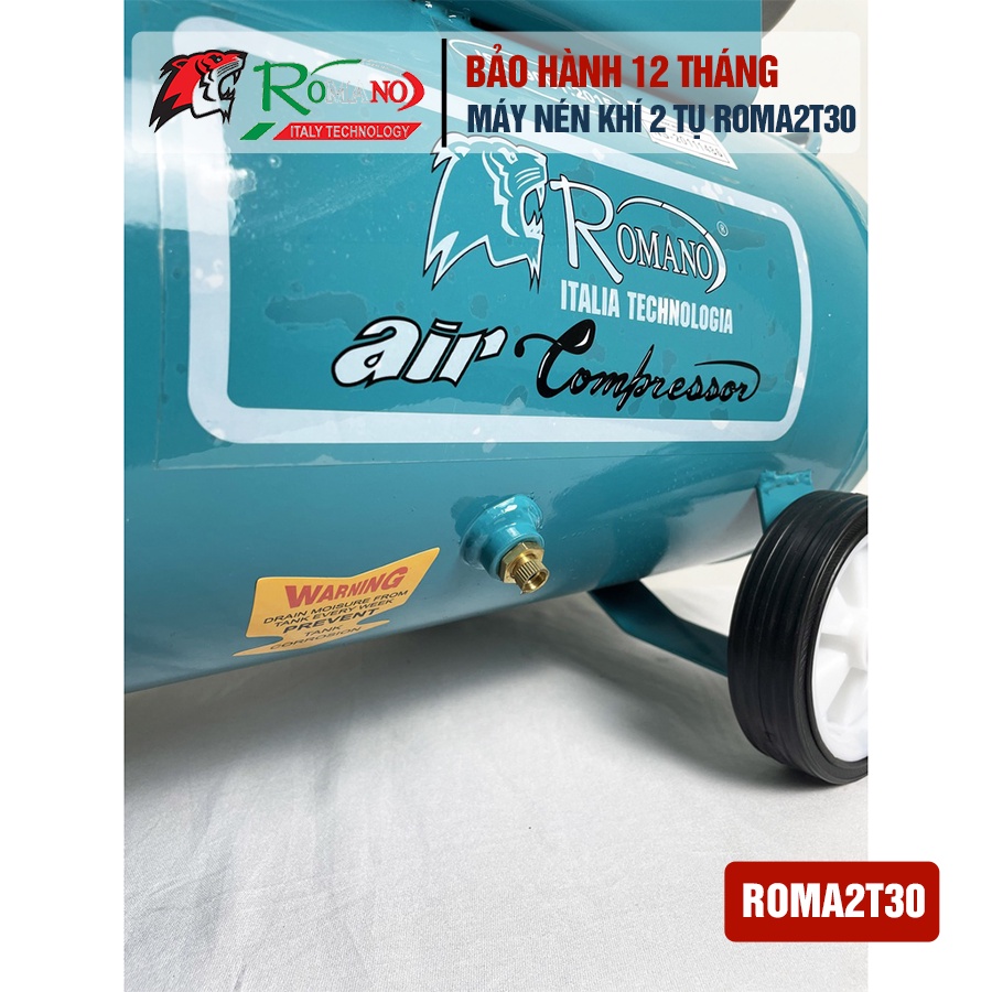 Máy nén khí 2 tụ chạy dầu ROMANO ROMA2T30 công suất 3HP dung tích 30L lên hơi đầy bình sau 70s