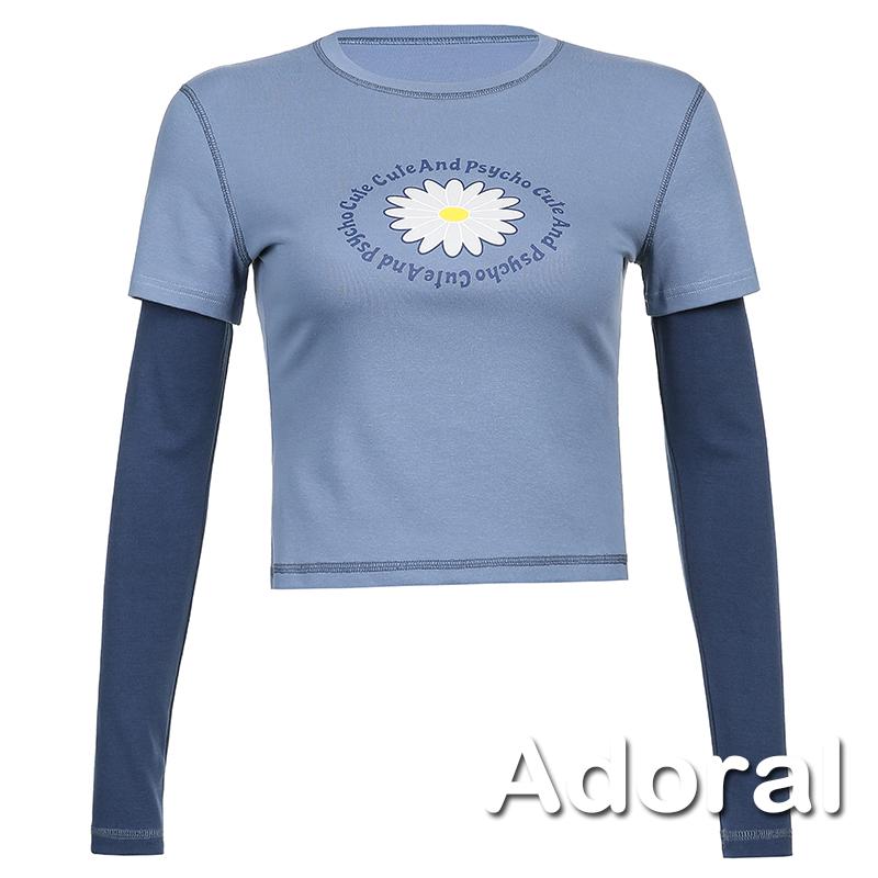 CCCT-Women Casual Long Sleeve T-shirt, Blue Round Collar Letters and Floral Printed Pattern Tops