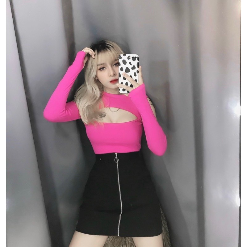 Áo kiểu croptop tay dài phối cut out ngực và khoét 2 bên vai cực xinh , chất thun bozip mềm mịn