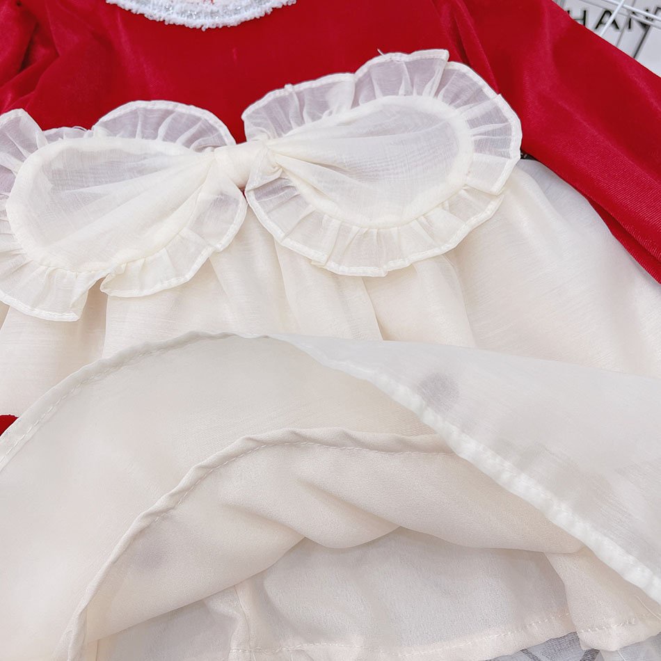 Váy Nhung Chấm bi Dài Tay Phối Nơ Ren Trước Ngực Chân Cho Bé Từ 9-21kg Mã V11