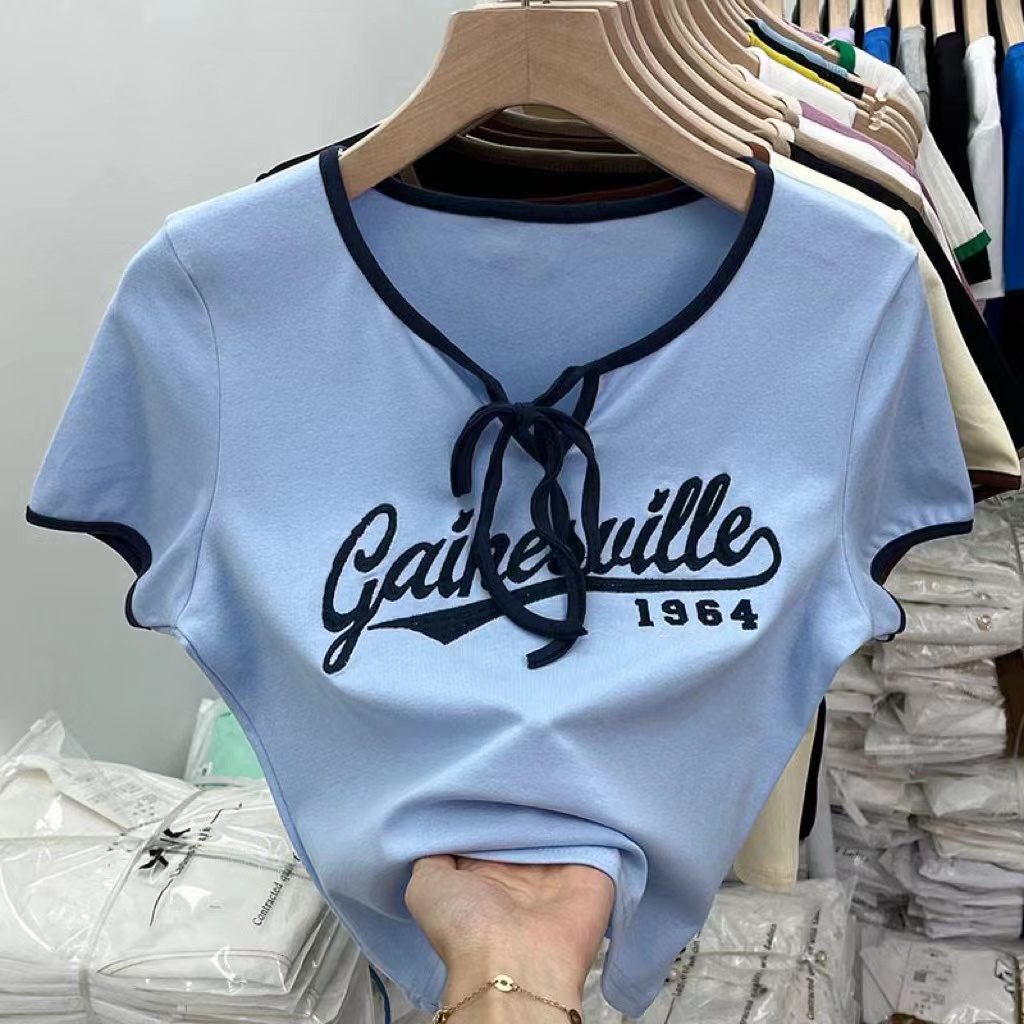 Áo thun BH ngắn tay cổ phối dây thêu họa tiết thời trang mùa hè cho nữ