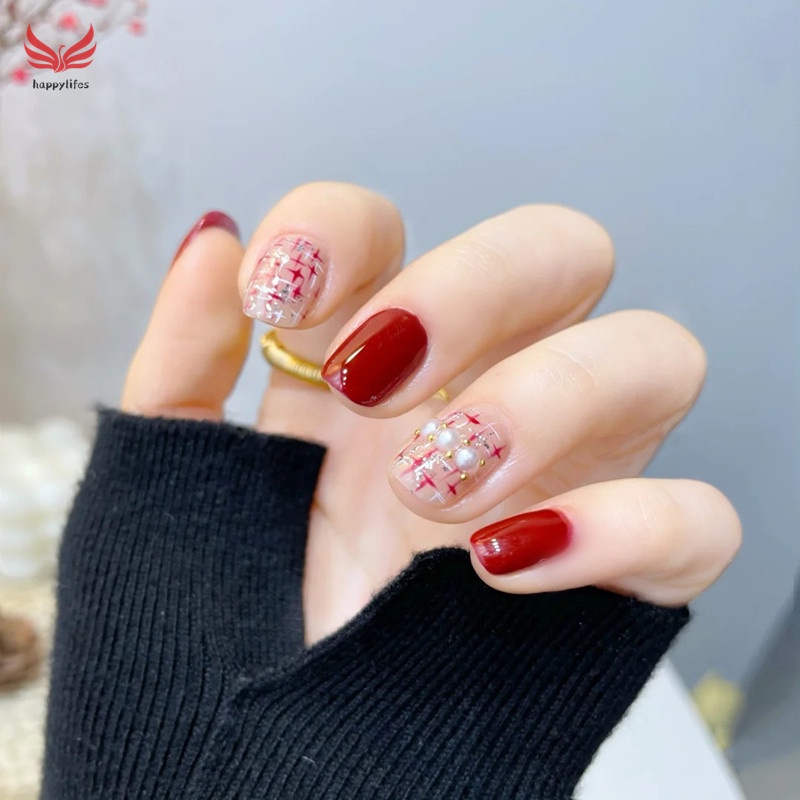 Bộ 24 móng tay giả dán keo loại ngắn đầu vuông đính hạt ngọc trai nhân tạo thời trang nghệ thuật