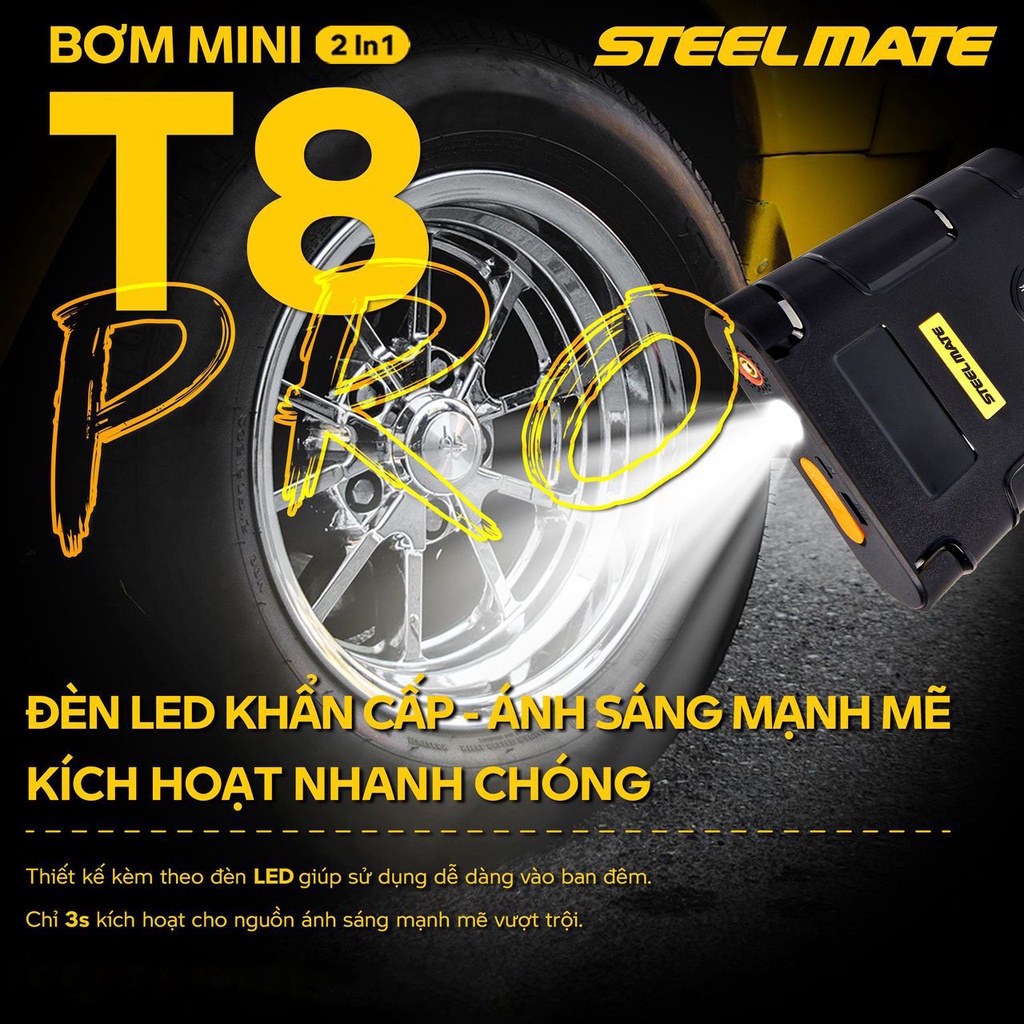 Bơm lốp kiêm kích bình ắc quy Steelmate T8 Pro chính hãng - Bảo hành 3 năm