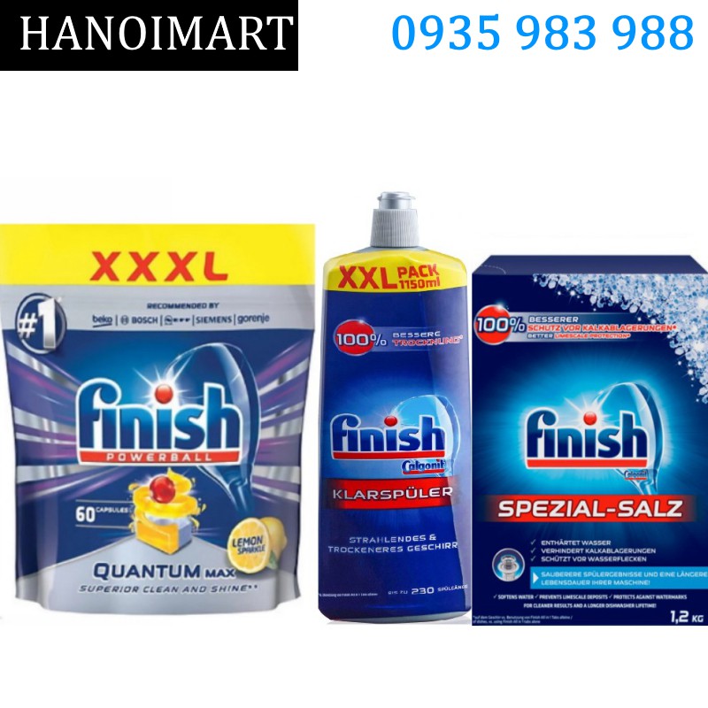 Combo 60 Viên rửa chén Finish quantum + Muối Finish 1.2kg + Nước bóng finish 1150ml