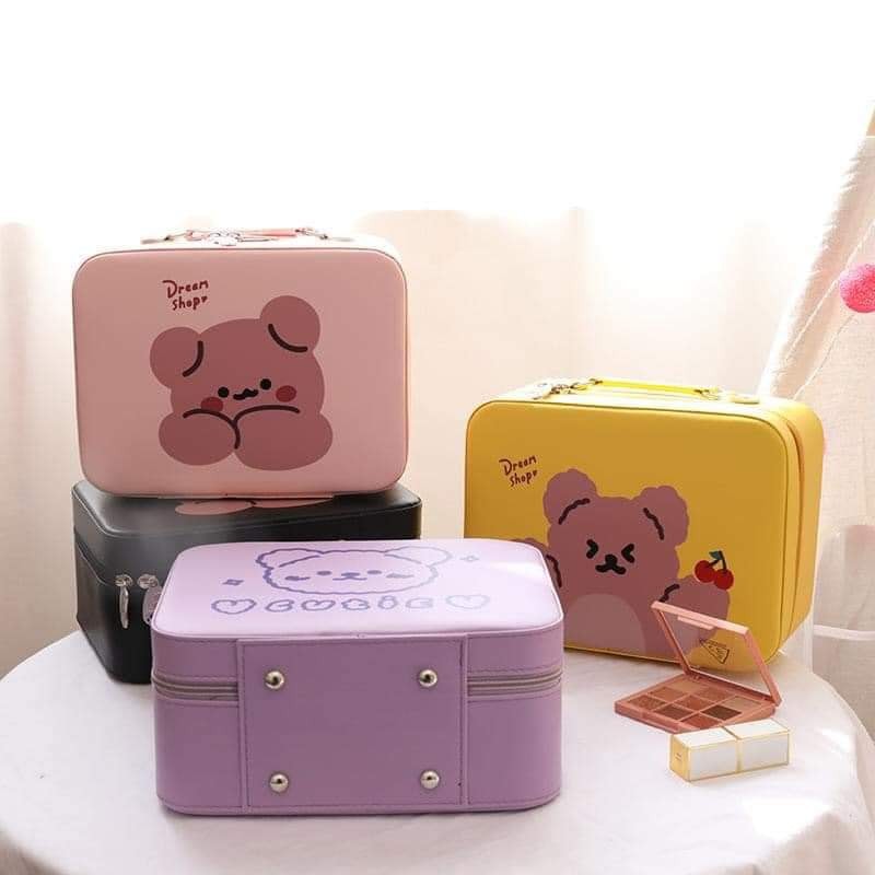 Hộp đựng mỹ phẩm Baby bear má hồng dream shop, Cốp đựng mĩ phẩm gấu,Hộp đựng mĩ phẩm đồ trang điểm, makeup kèm gương