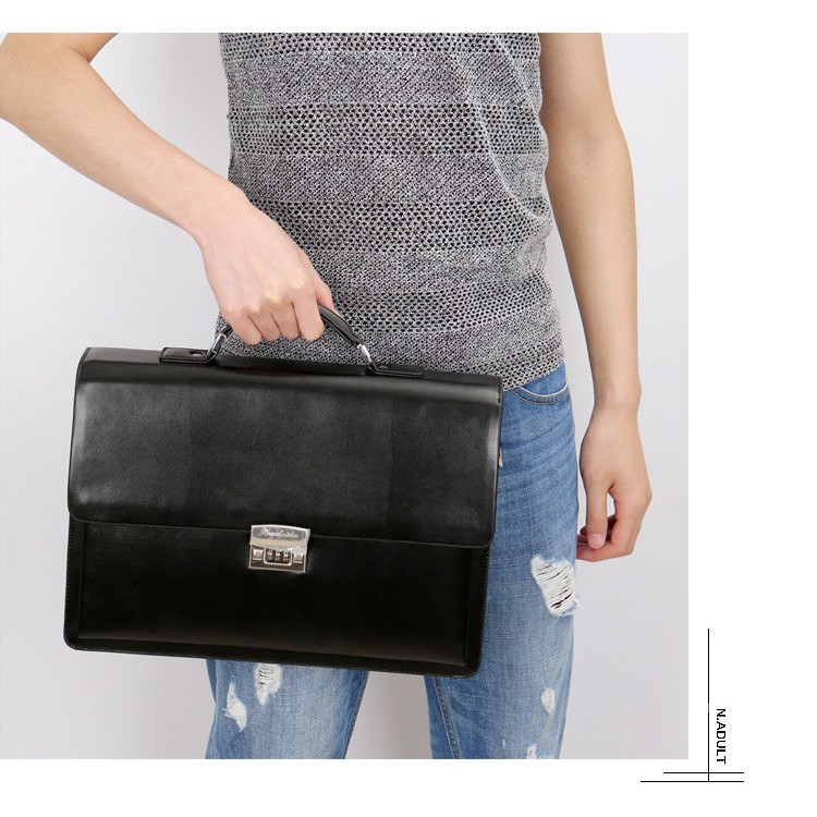 Túi xách cặp da giáo viên đựng laptop 14 inch da bò công sở T21 khóa số (Nâu-Đen) KT 38-27-7CM | BigBuy360 - bigbuy360.vn