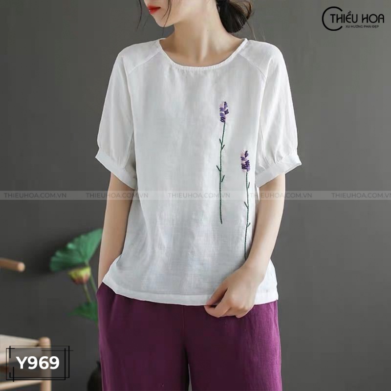 Áo Kiểu Nữ Linen Tay Bồng Thiều Hoa Y969