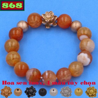 Vòng chuỗi tay đá vân rồng cam charm hoa sen inox và 2 bi - Chuỗi tay phong thủy, vòng đeo tay