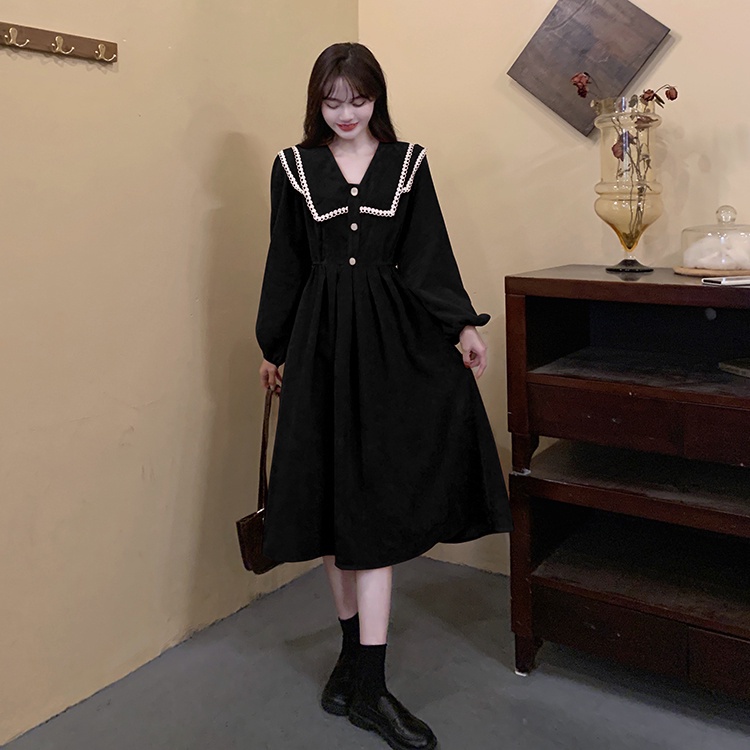 SUXI Đầm lửng tay dài phong cách Hàn Quốc