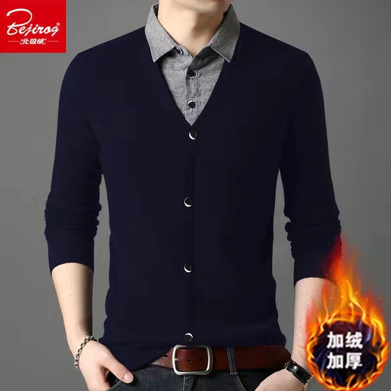 Áo len nam cổ tim phối chân cổ sơ mi lót lông hàng qc
