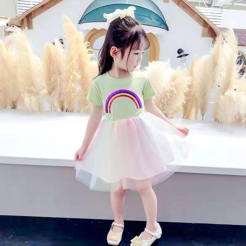 Đầm Công Chúa Phối Lưới Màu Cầu Vồng Thời Trang Mùa Hè Hàn Quốc 2022 Mới Cho Bé Gái