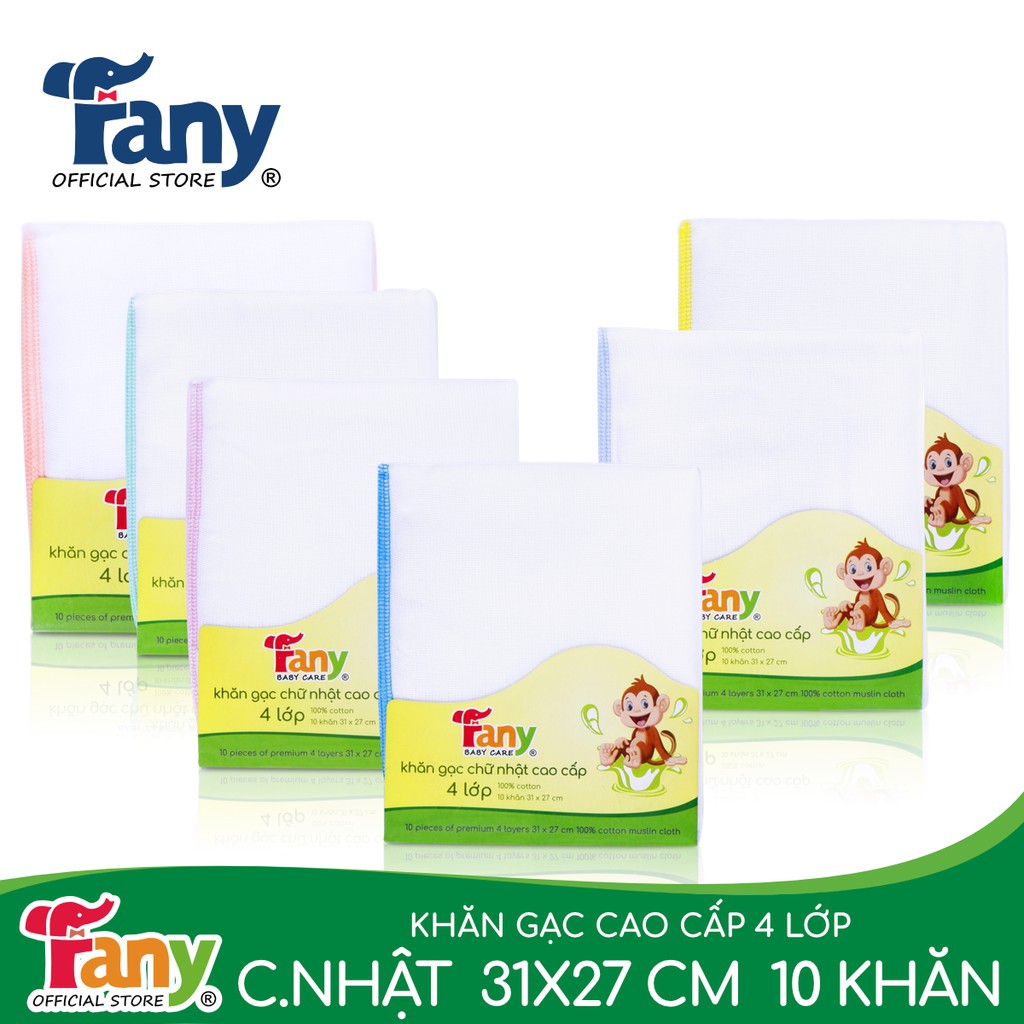 Khăn gạc chữ nhật cao cấp 4 lớp Fany® 31x27 cm 100% cotton 10 khăn/ bịch mềm mịn thấm hút ưu việt 6 màu sắc