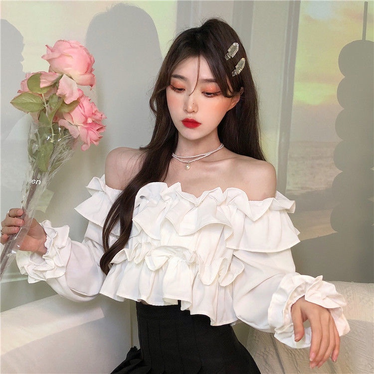 Áo Kiểu Tay Dài Trễ Vai Phối Bèo Thời Trang Pháp Mới Thanh Lịch Cho Nữ