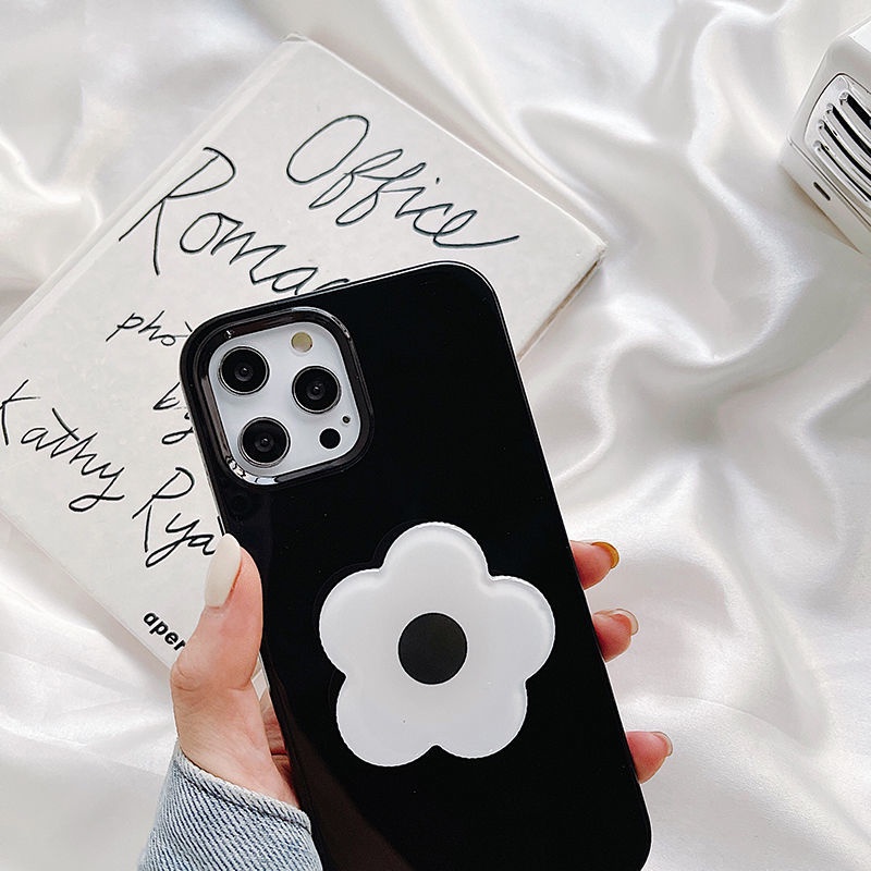 Ốp Điện Thoại Mềm In Hình Hoa Trắng Đen Có Giá Đỡ Cho iPhone7/8plus X/Max/XR 12/11ProMax