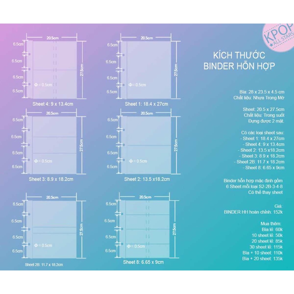 [CÓ SẴN- RẺ NHẤT VN] Trang SHEET LẺ CHO BINDER HÀN- 7 loại sheet 7 loại size- thích hợp đựng card KPOP, thẻ bài, Album